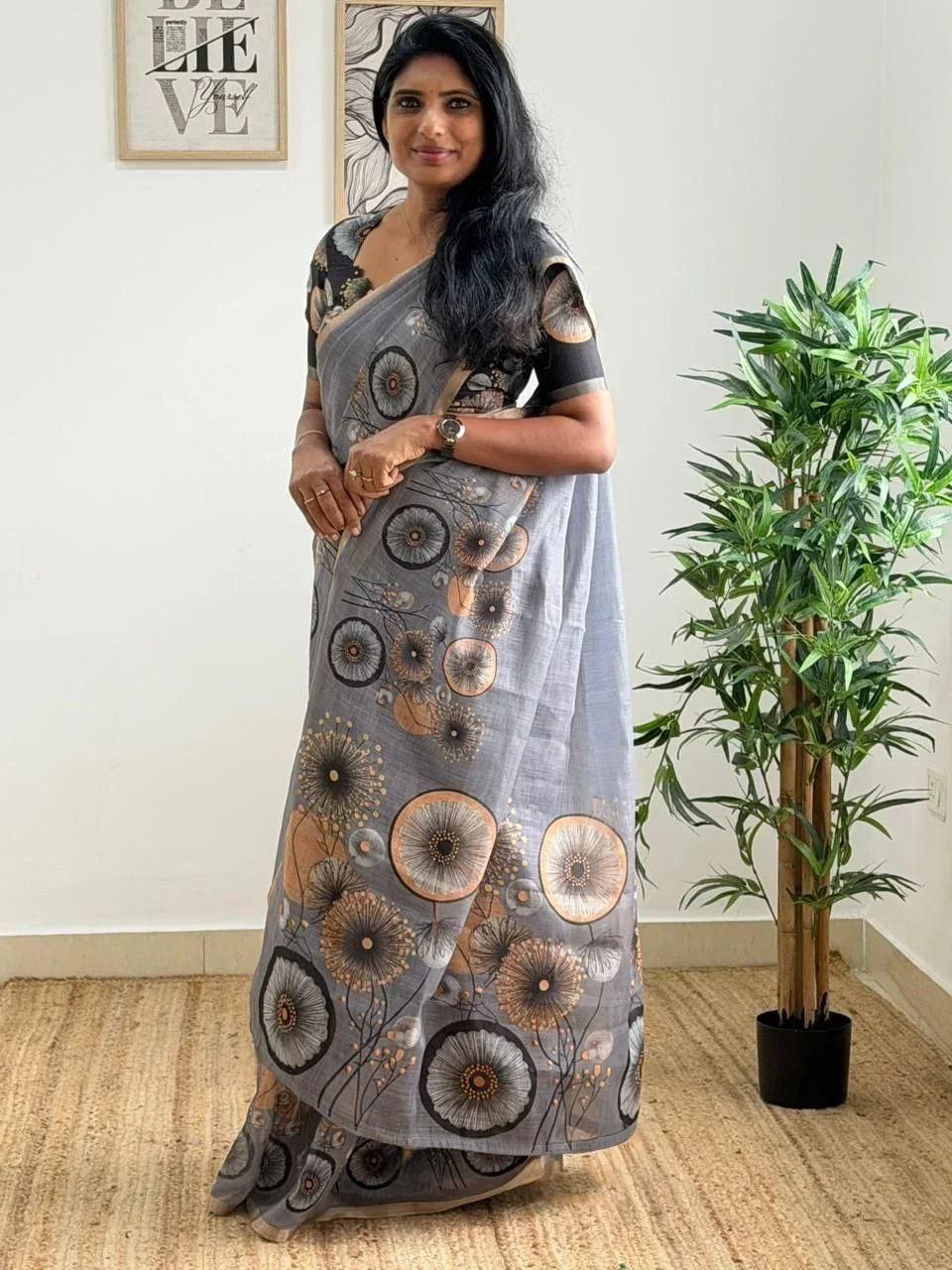 Grey Floral & Abstract Print Cotton Linen Saree with Gold Zari Border & Unstiched Blouse Piece | Magnite