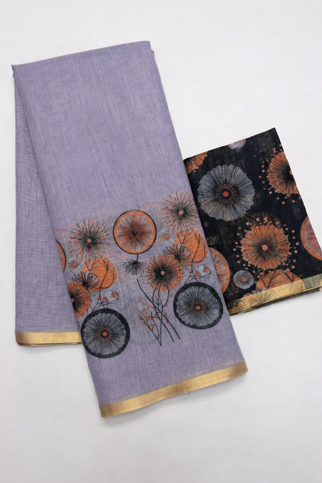 Grey Floral Cotton Linen Saree with Printed Border & Blouse Piece - Magnite (SE-1076)