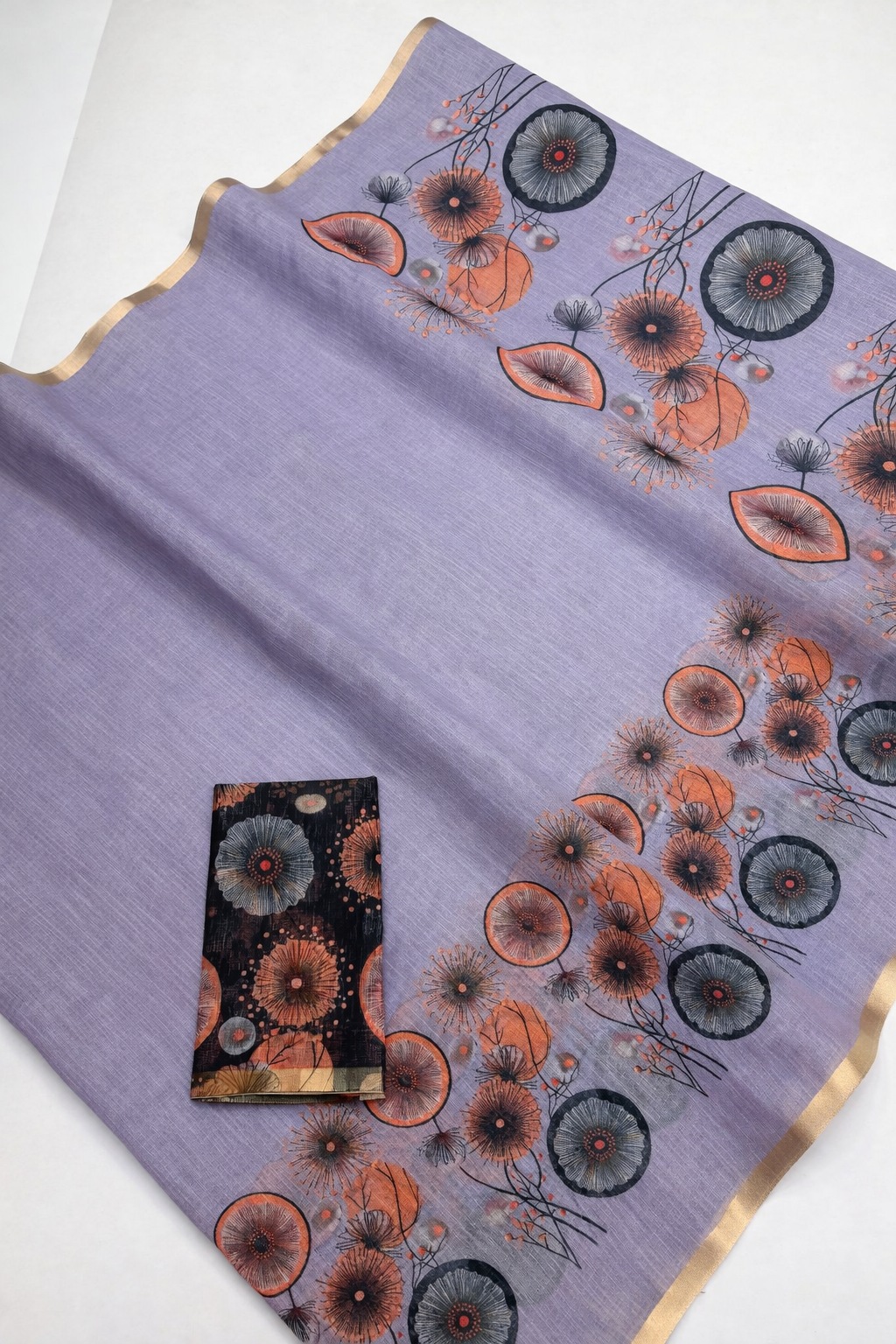 Grey Floral Cotton Linen Saree with Printed Border & Blouse Piece - Magnite (SE-1076)