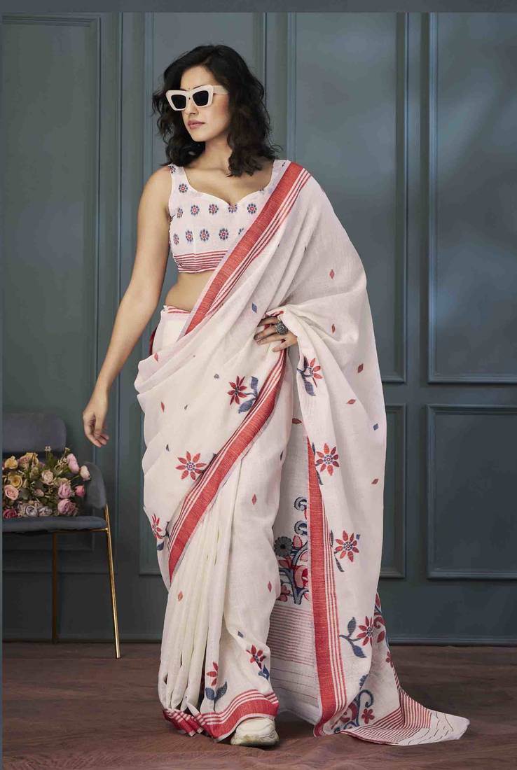Off White Red Floral Cotton Linen Saree with Unstitched Blouse - Magnite (SE-1076)