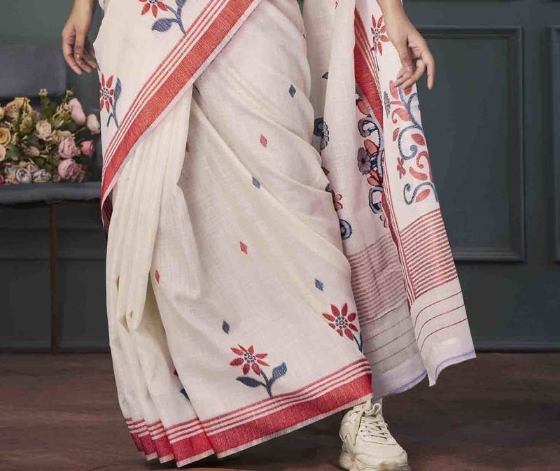 Off White Red Floral Cotton Linen Saree with Unstitched Blouse - Magnite (SE-1076)