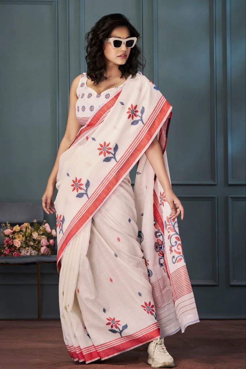 Cream Red Floral Cotton Linen Saree With Printed Border Magnite