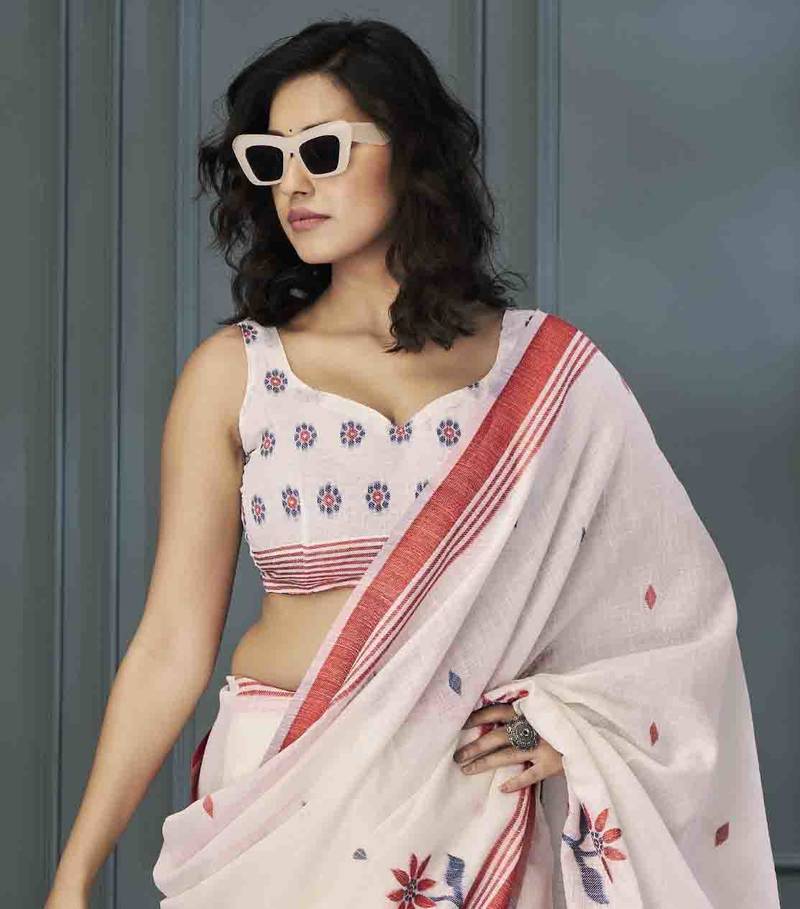 Off White Red Floral Cotton Linen Saree with Unstitched Blouse - Magnite (SE-1076)