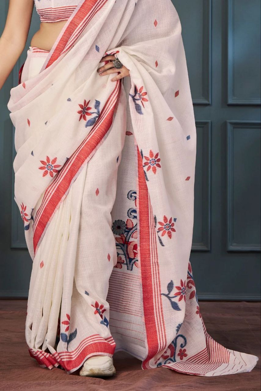 Cream Red Floral Cotton Linen Saree With Printed Border Magnite