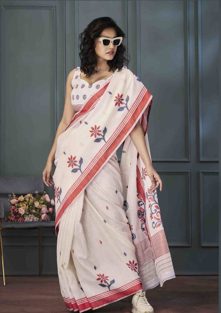 Off White Red Floral Cotton Linen Saree with Unstitched Blouse - Magnite (SE-1076)