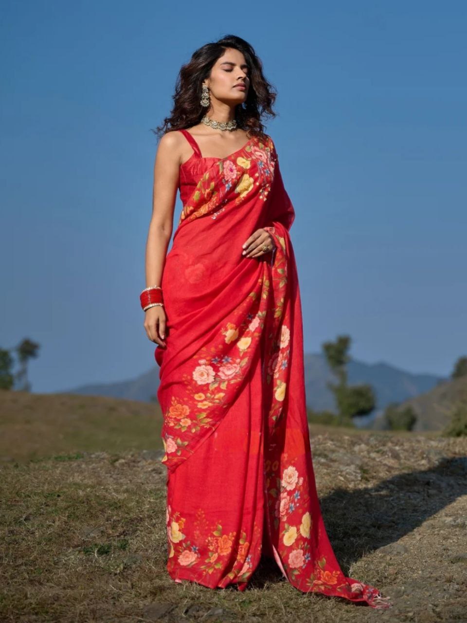 Red Floral Cotton Linen Saree with Printed Border - Magnite (SE-1092)