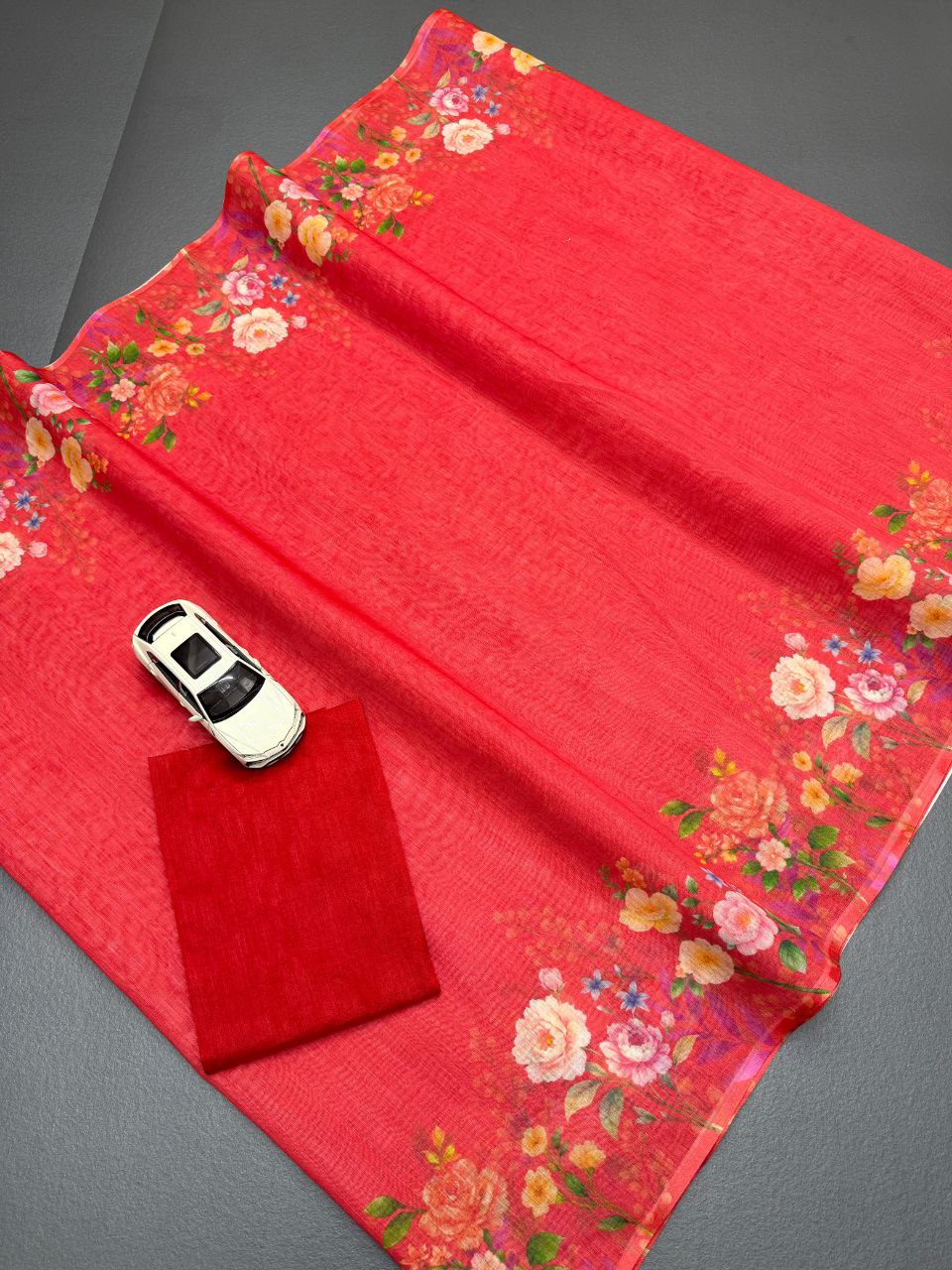 Red Floral Cotton Linen Saree with Printed Border - Magnite (SE-1092)