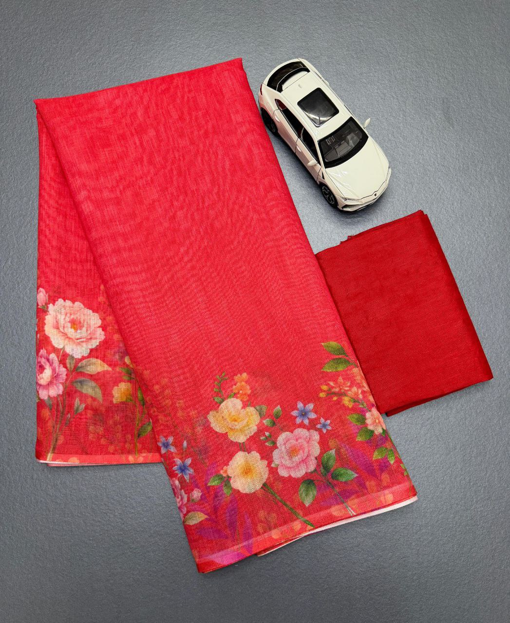 Red Floral Cotton Linen Saree with Printed Border - Magnite (SE-1092)