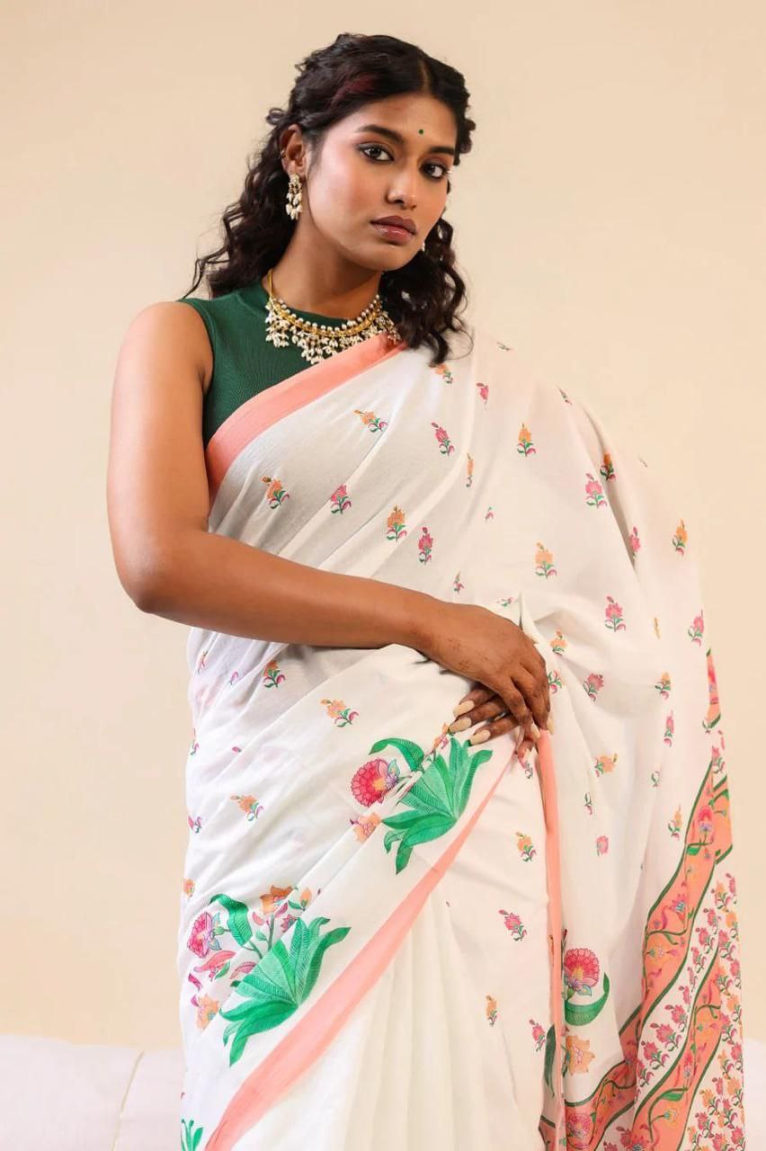 White Floral Cotton Linen Saree with Pink Border - Magnite (SE-1093)