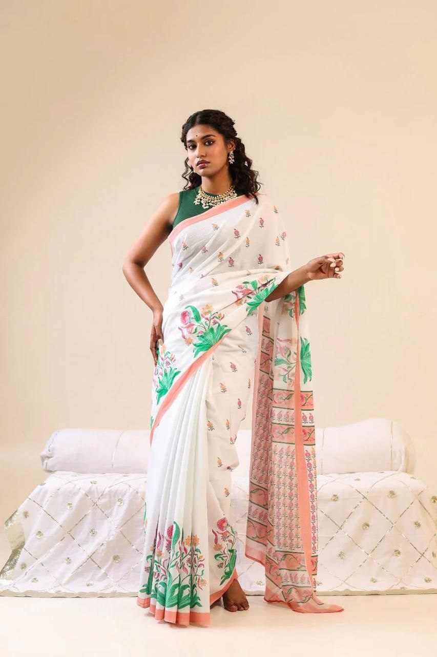 White Floral Cotton Linen Saree with Pink Border - Magnite (SE-1093)