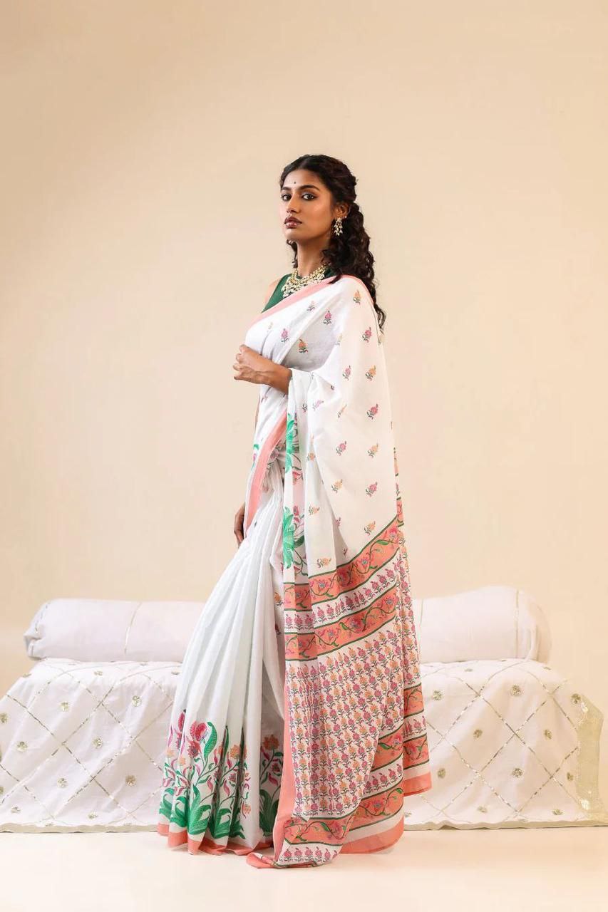 White Floral Cotton Linen Saree with Pink Border - Magnite (SE-1093)