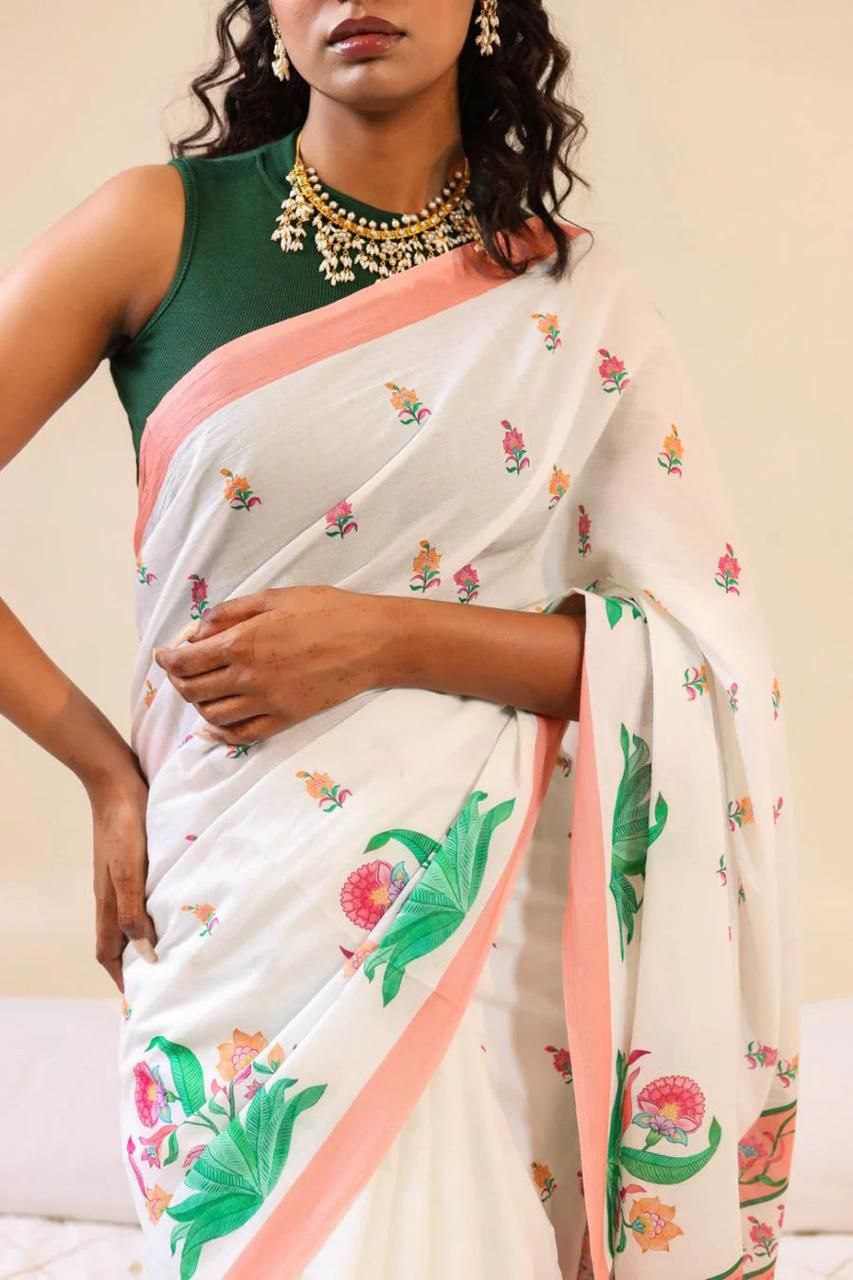 White Floral Cotton Linen Saree with Pink Border - Magnite (SE-1093)