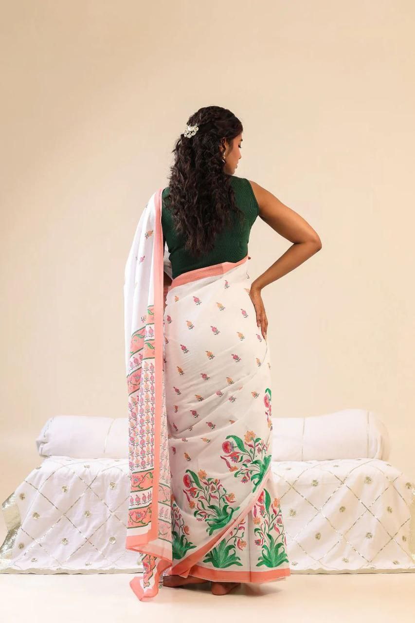 White Floral Cotton Linen Saree with Pink Border - Magnite (SE-1093)