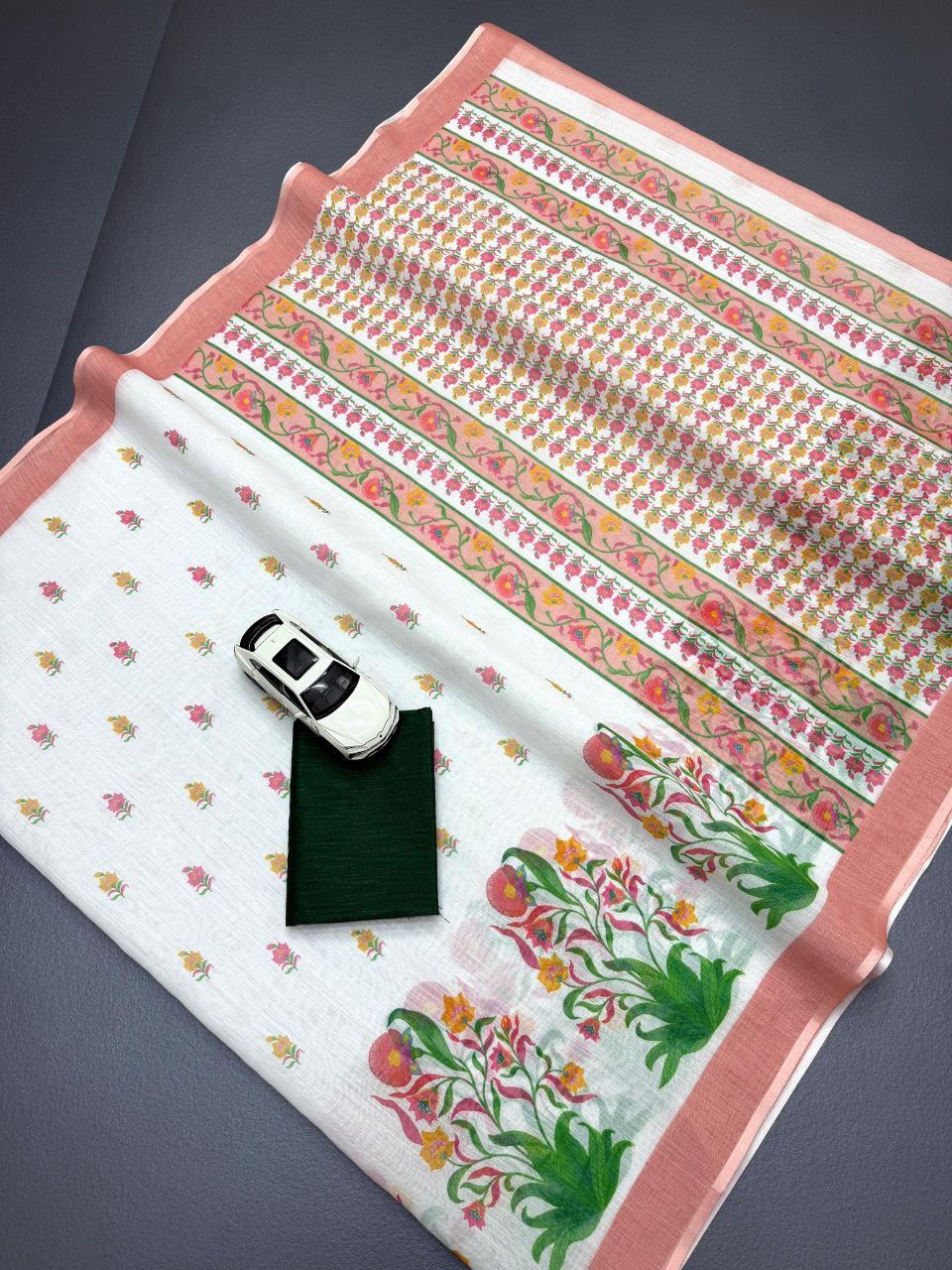 White Floral Cotton Linen Saree with Pink Border - Magnite (SE-1093)