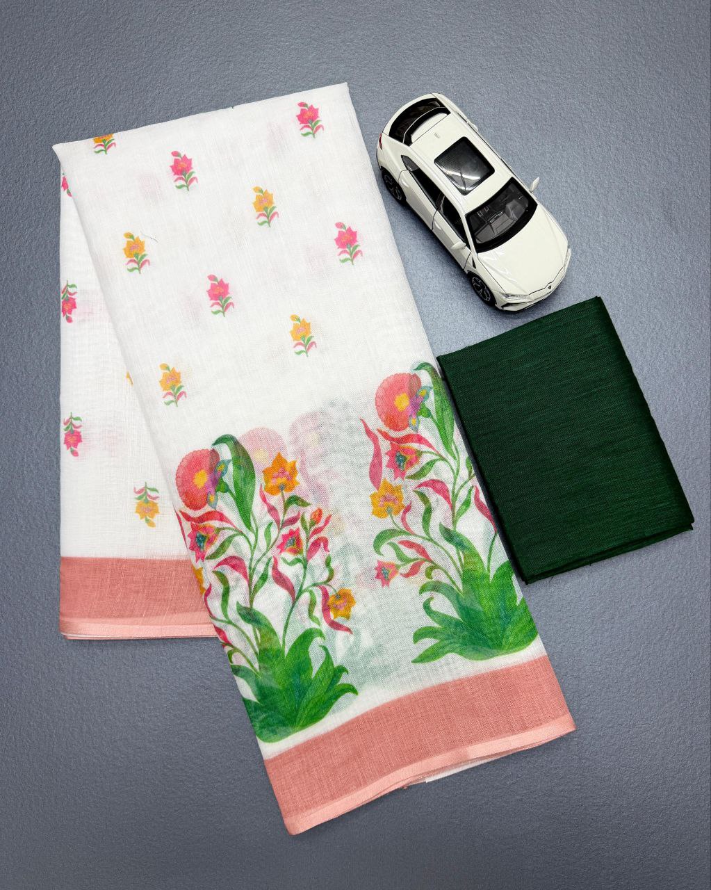 White Floral Cotton Linen Saree with Pink Border - Magnite (SE-1093)