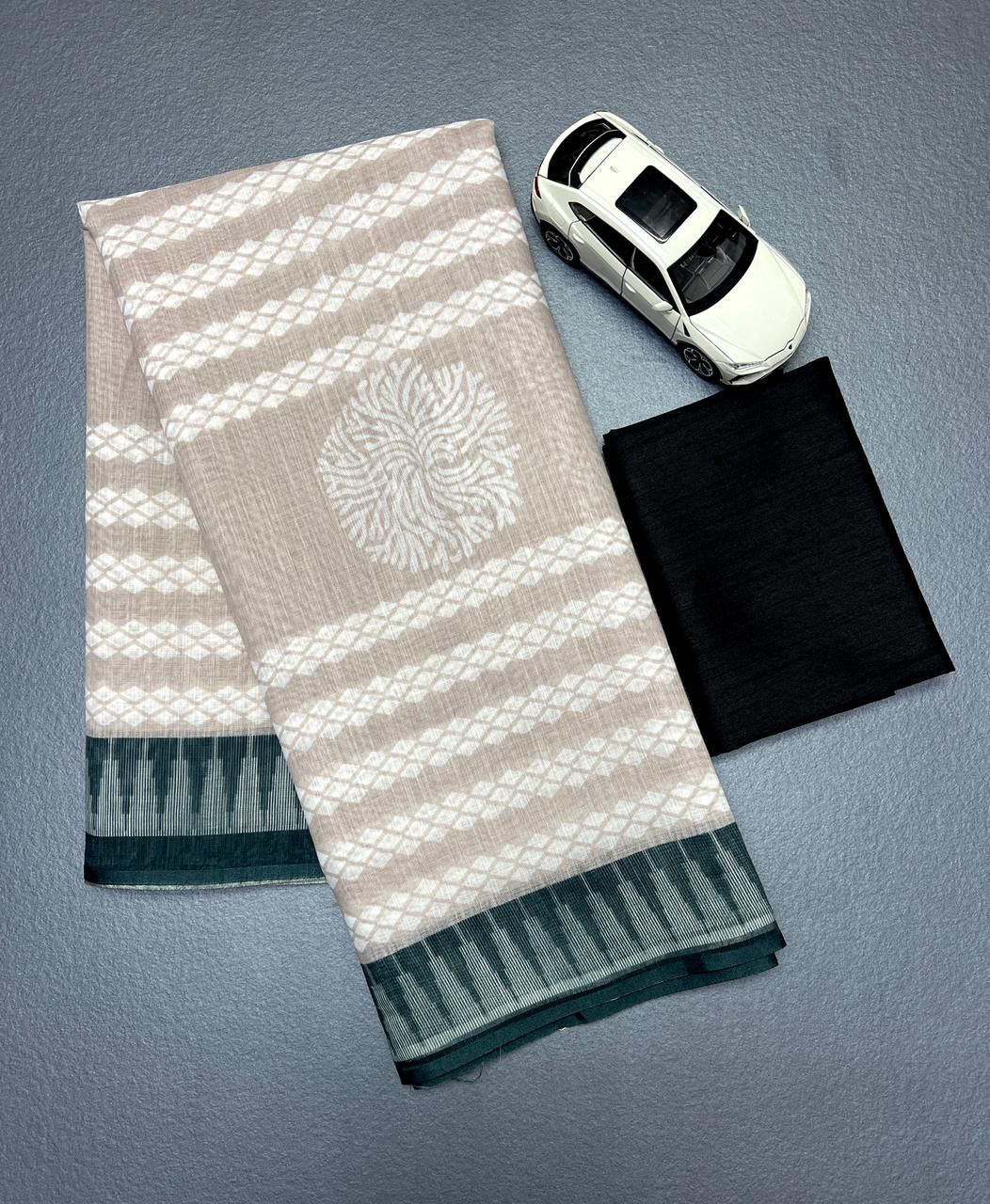 Beige Geometric Cotton Linen Saree with Black Border - Magnite (SE-1094)