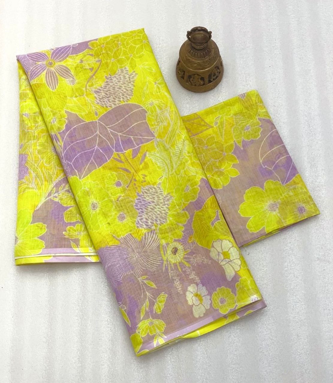 Yellow Floral Cotton Linen Saree with Lotus Print - Magnite (SE-1097)