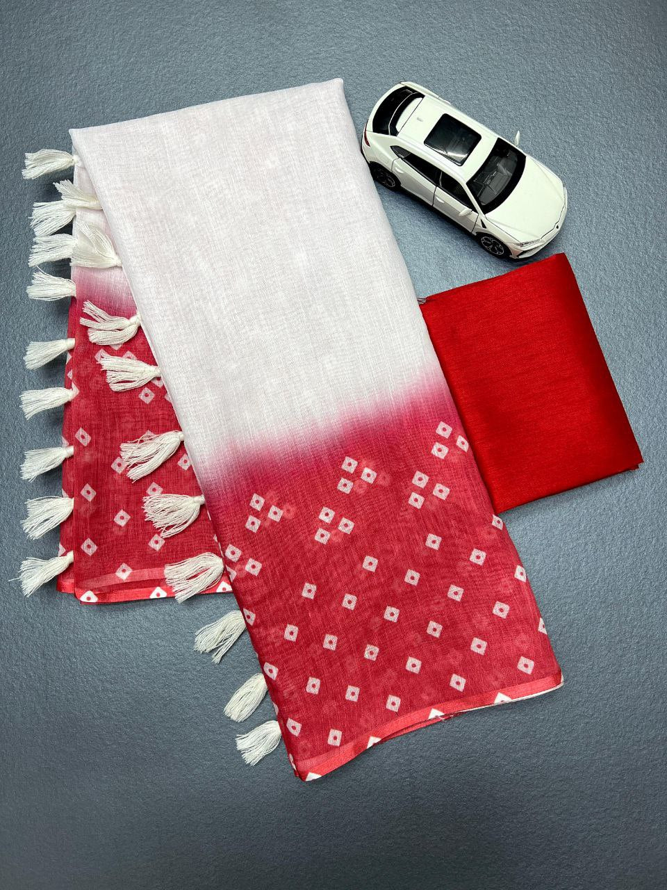 Red White Bandhani Dots Cotton Linen Saree with Tassel Border - Magnite (SE-1098)