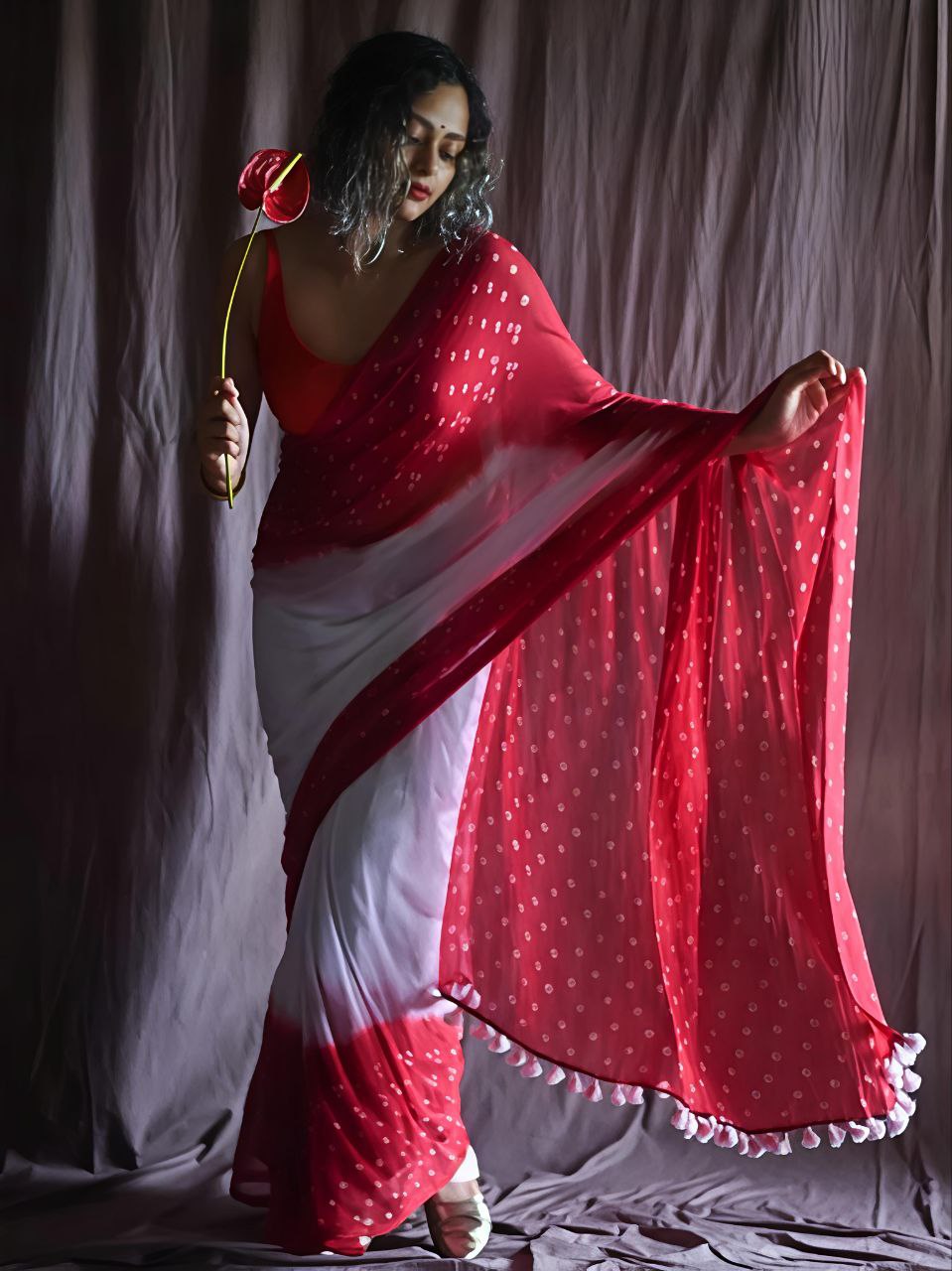 Red White Bandhani Dots Cotton Linen Saree with Tassel Border - Magnite (SE-1098)
