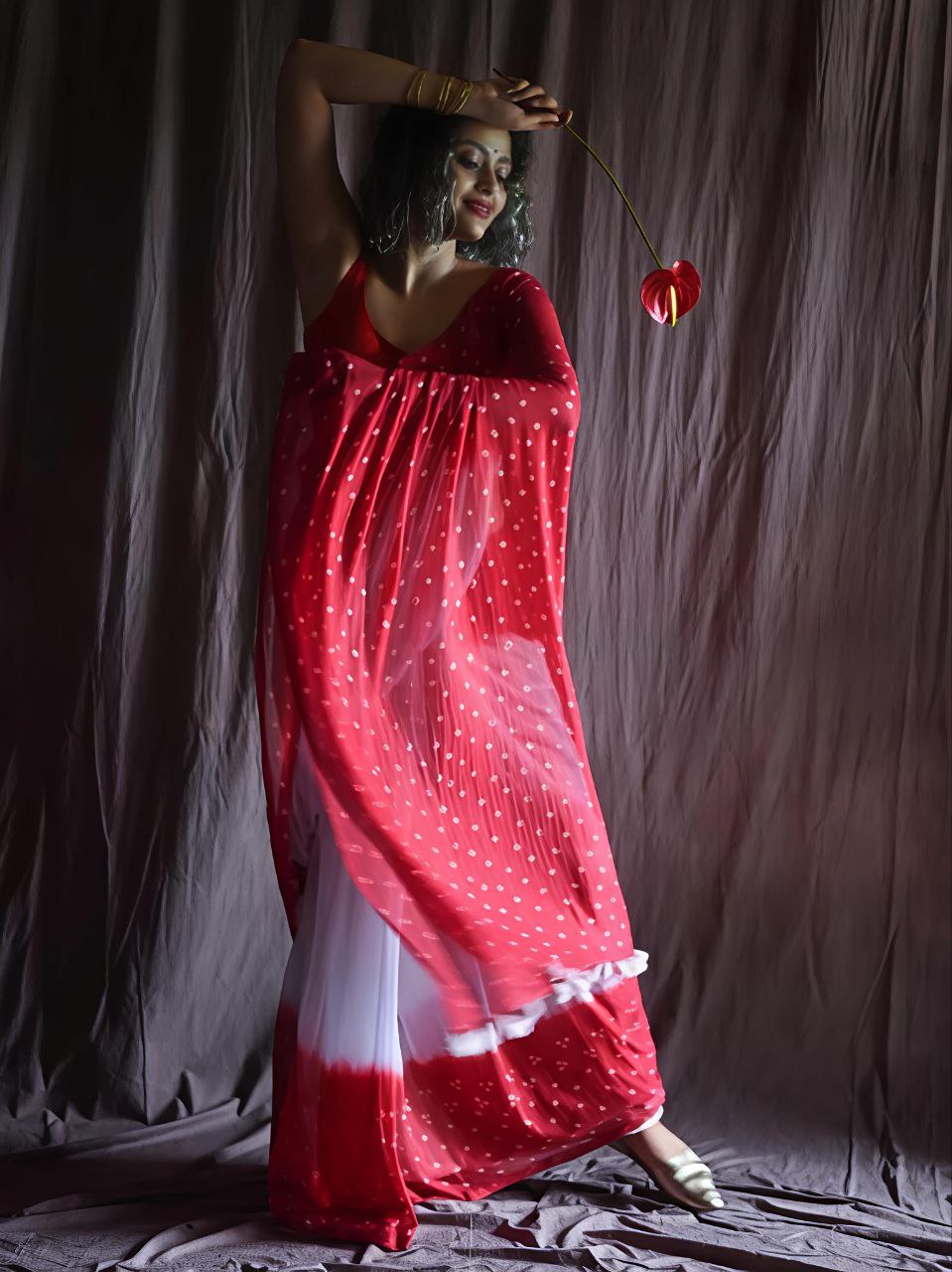 Red White Bandhani Dots Cotton Linen Saree with Tassel Border - Magnite (SE-1098)