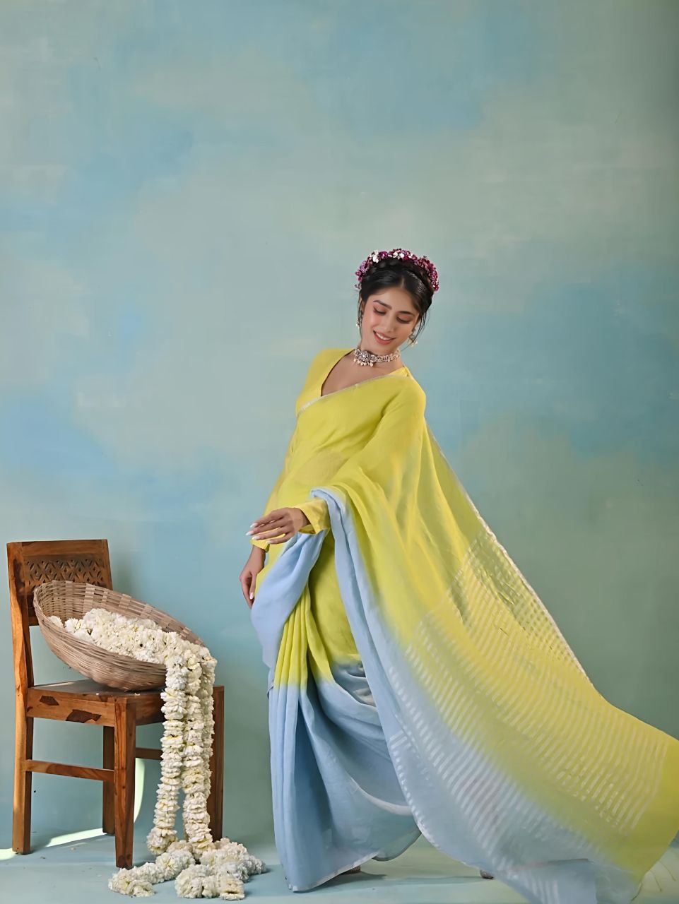 Yellow Blue Cotton Linen Printed Saree With Blouse Piece - Magnite (SE-1100)