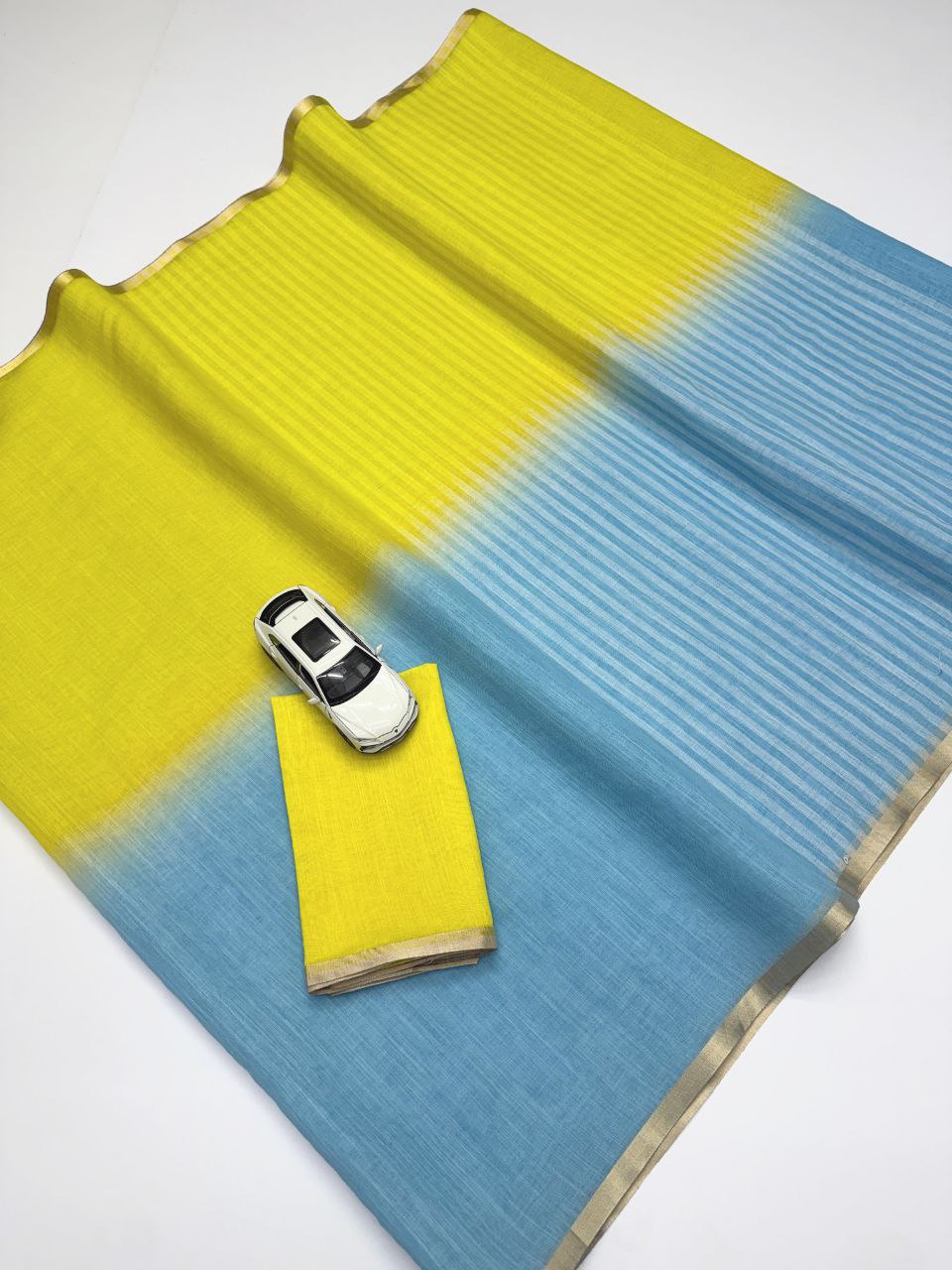 Yellow Blue Cotton Linen Printed Saree With Blouse Piece - Magnite (SE-1100)