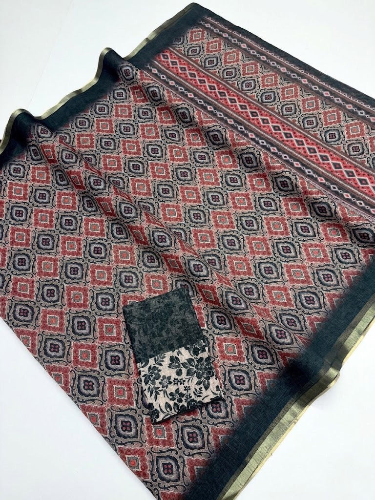 Multicolour Geometric Printed Saree With Contrast Border and Blouse Piece  - Magnite (SE-1102)