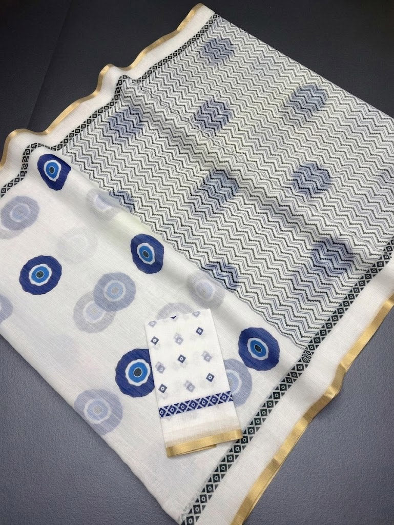 White Blue Cotton Linen Printed Saree With Blouse Piece  - Magnite (SE-1103)