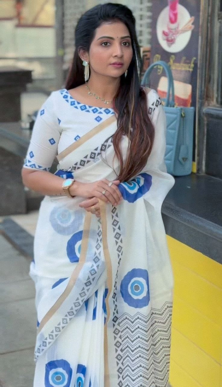 White Blue Cotton Linen Printed Saree With Blouse Piece  - Magnite (SE-1103)