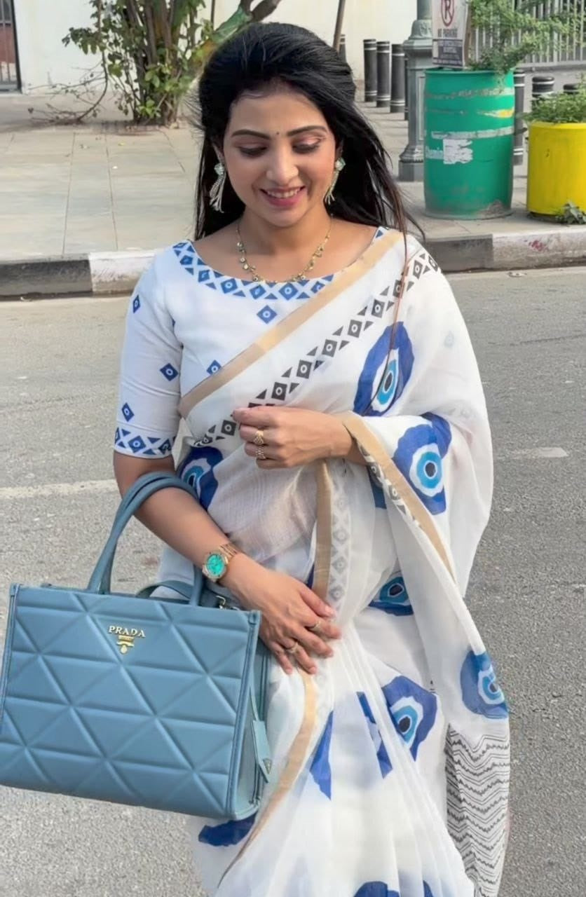 White Blue Cotton Linen Printed Saree With Blouse Piece  - Magnite (SE-1103)