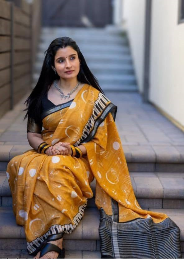 Yellow Cotton Linen Printed Saree With Blouse Piece  - Magnite (SE-1104)