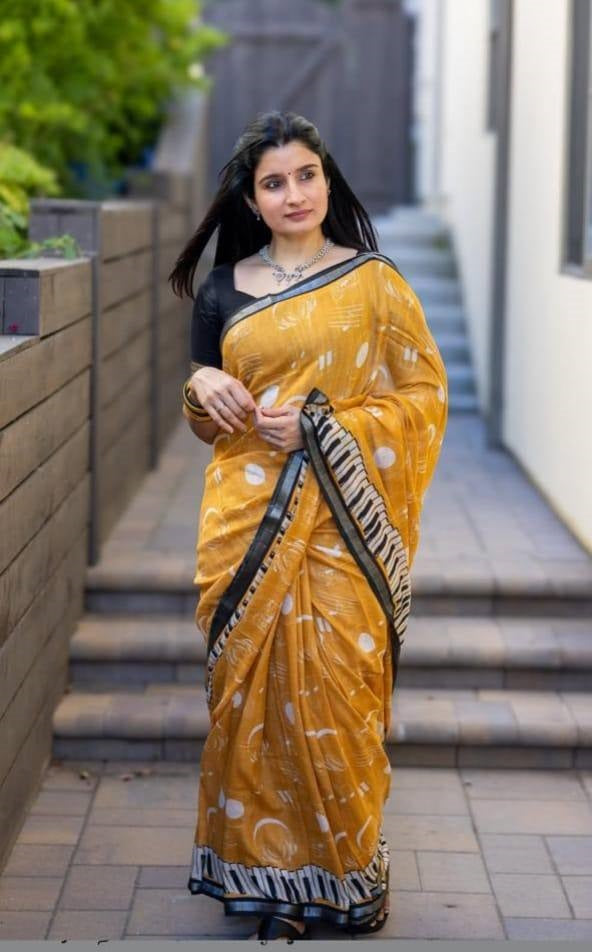 Yellow Cotton Linen Printed Saree With Blouse Piece  - Magnite (SE-1104)
