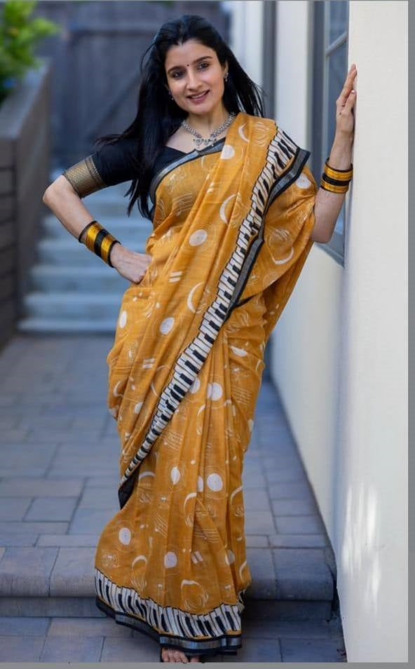 Yellow Cotton Linen Printed Saree With Blouse Piece  - Magnite (SE-1104)