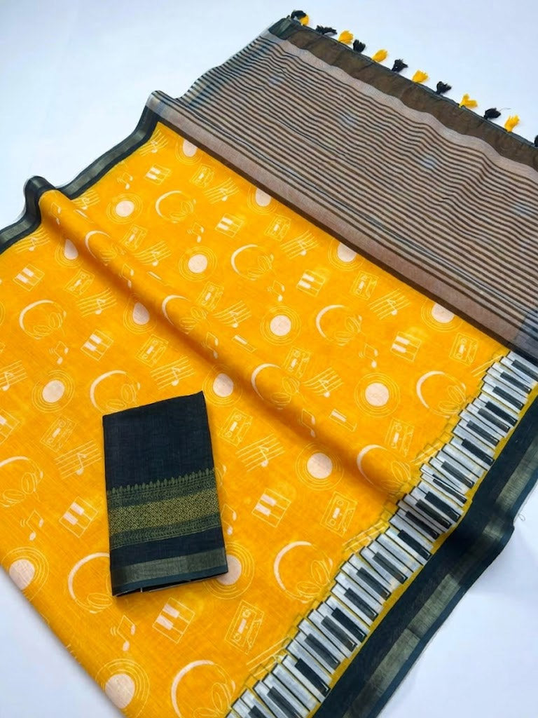 Yellow Cotton Linen Printed Saree With Blouse Piece  - Magnite (SE-1104)