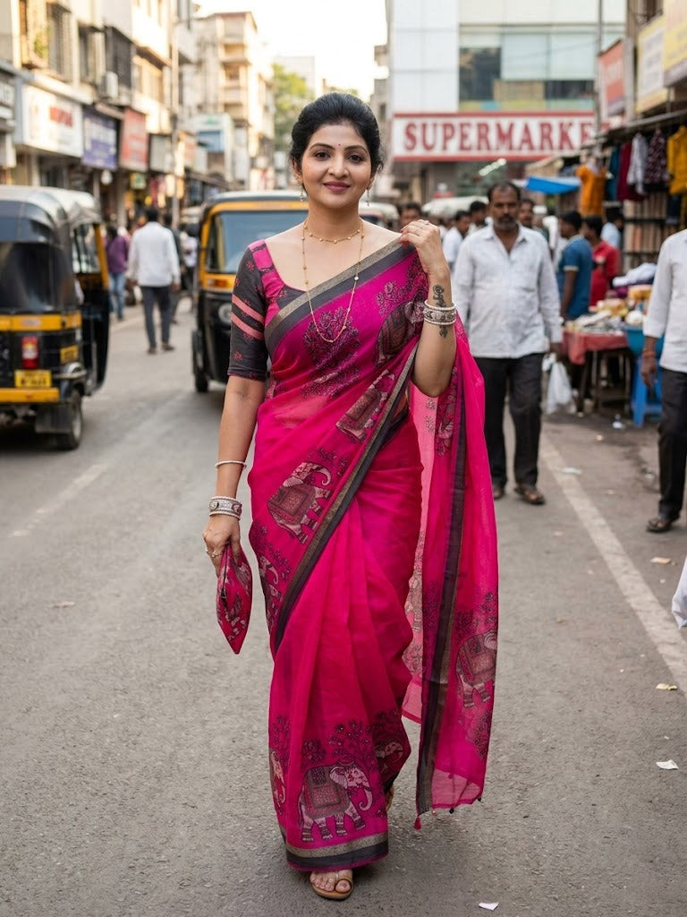 Pink Elephant Border Cotton Linen Saree with Blouse Piece by Magnite (SE-1105)