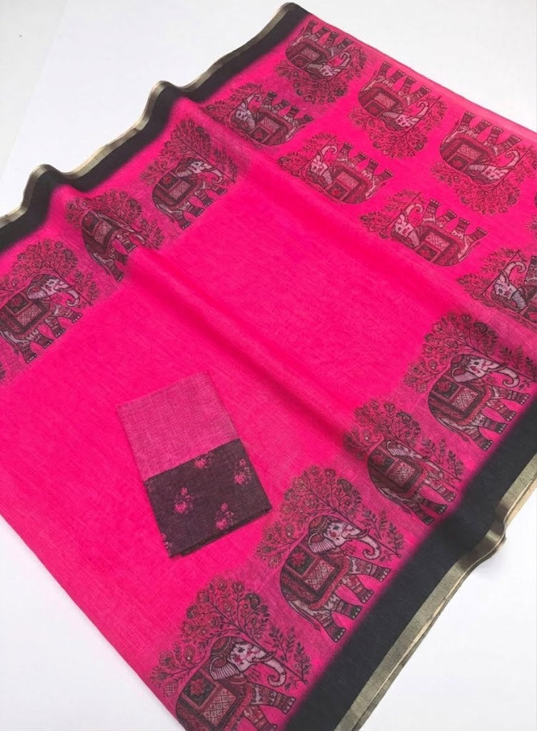 Pink Elephant Border Cotton Linen Saree with Blouse Piece by Magnite (SE-1105)