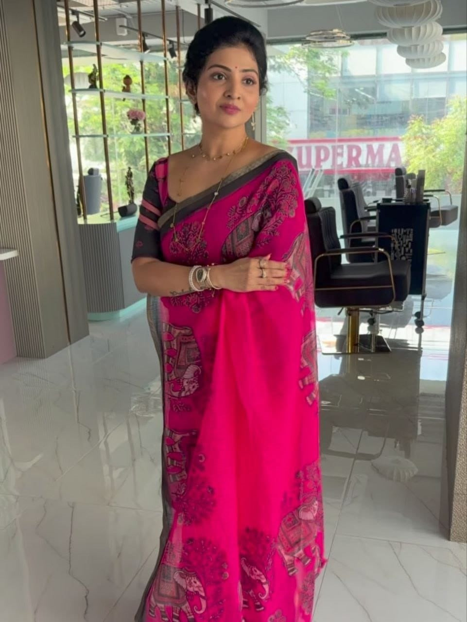 Pink Elephant Border Cotton Linen Saree with Blouse Piece by Magnite (SE-1105)