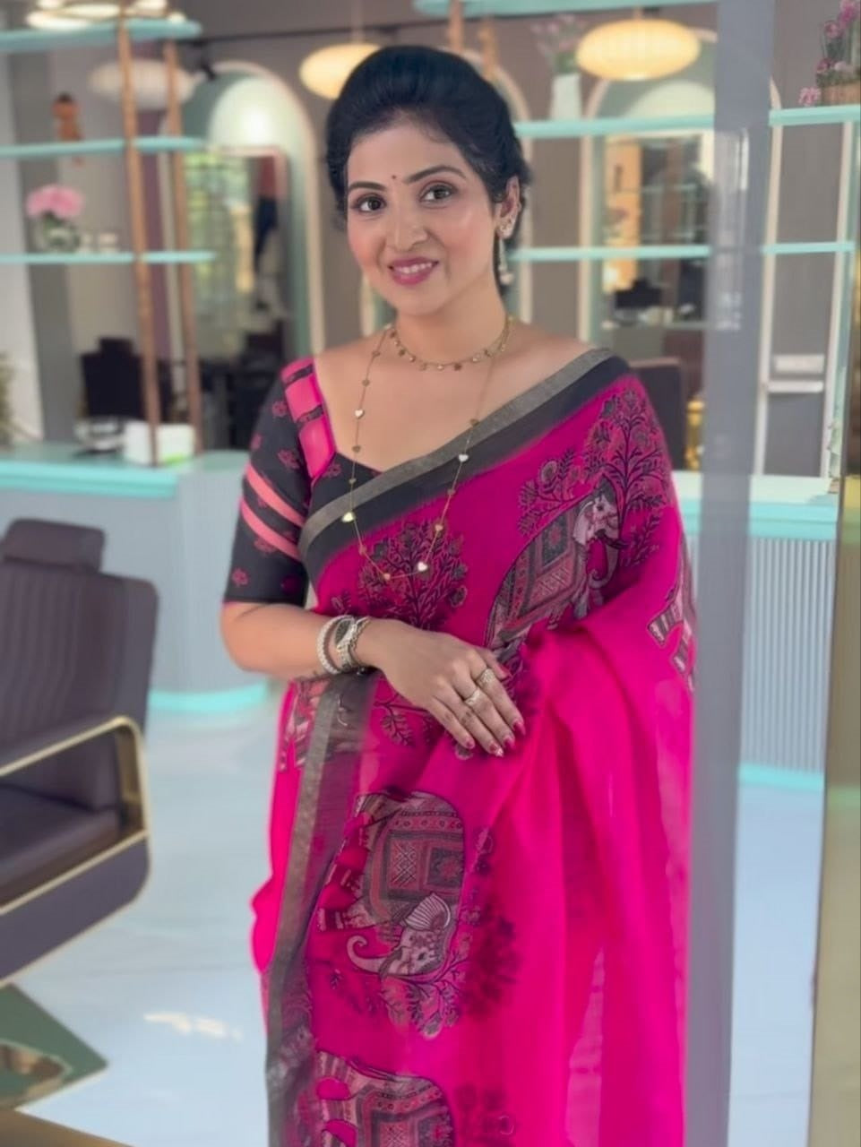 Pink Elephant Border Cotton Linen Saree with Blouse Piece by Magnite (SE-1105)