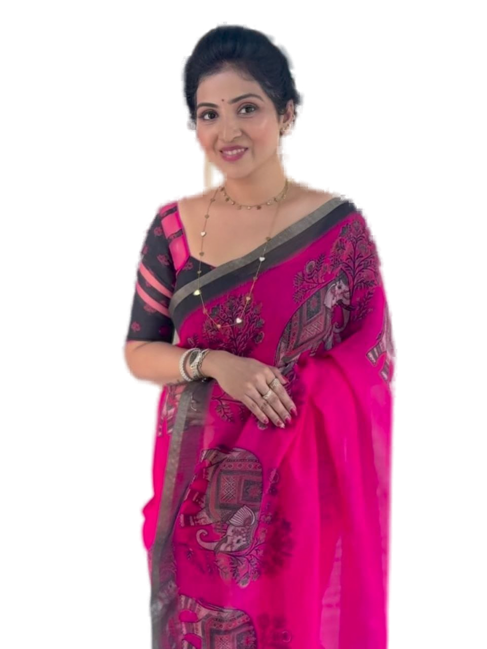 Pink Elephant Border Cotton Linen Saree with Blouse Piece by Magnite (SE-1105)