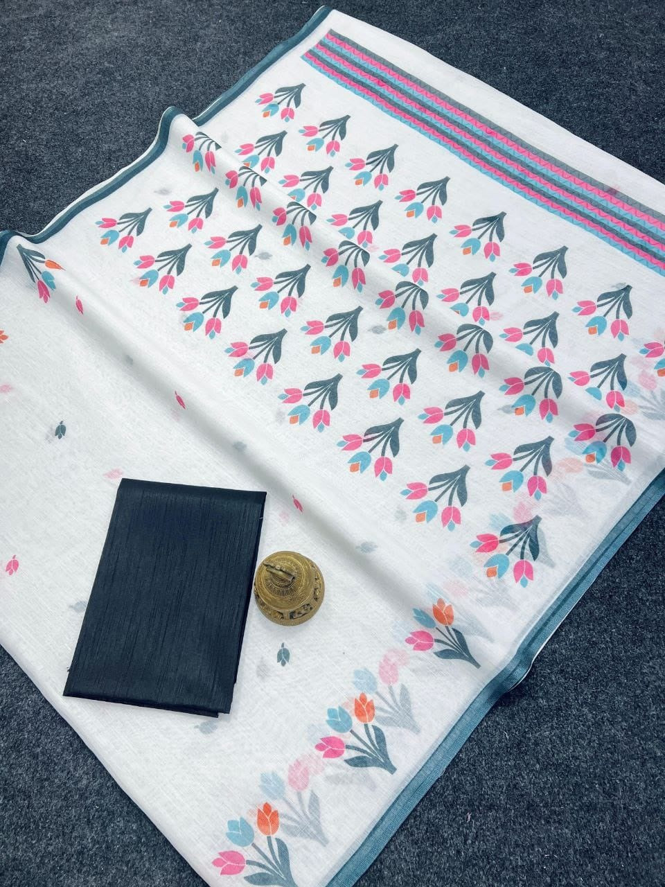 White Multicolour Cotton Linen Printed Saree With Blouse Piece  - Magnite (SE-1106)