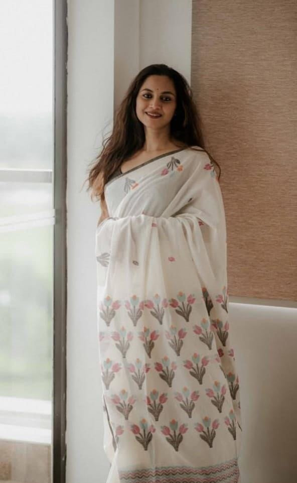 White Multicolour Cotton Linen Printed Saree With Blouse Piece  - Magnite (SE-1106)