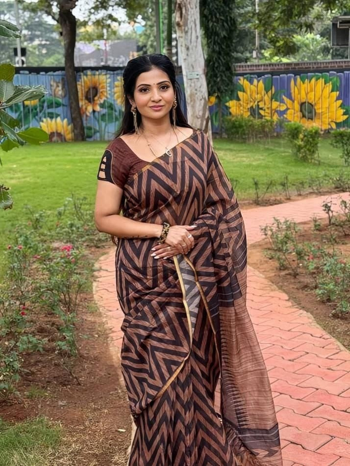 Brown Black Cotton Linen Printed Saree With Blouse Piece  - Magnite (SE-1107)