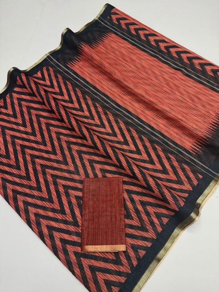 Brown Black Cotton Linen Printed Saree With Blouse Piece  - Magnite (SE-1107)