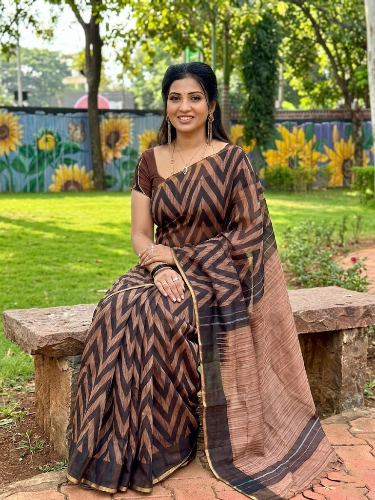 Brown Black Cotton Linen Printed Saree With Blouse Piece  - Magnite (SE-1107)