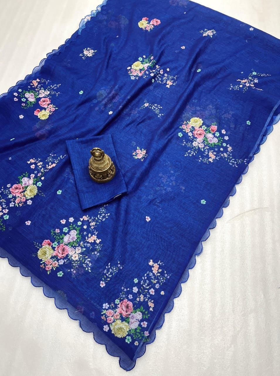 Blue Cotton Linen Printed Saree With Blouse Piece  - Magnite (SE-1108)