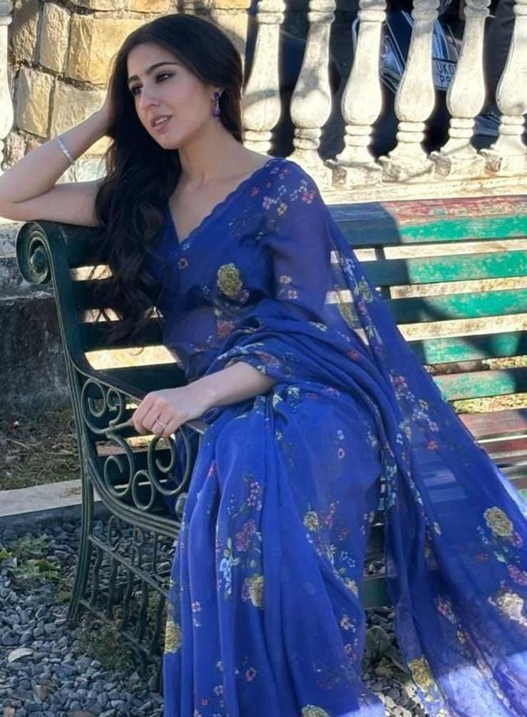 Blue Cotton Linen Printed Saree With Blouse Piece  - Magnite (SE-1108)