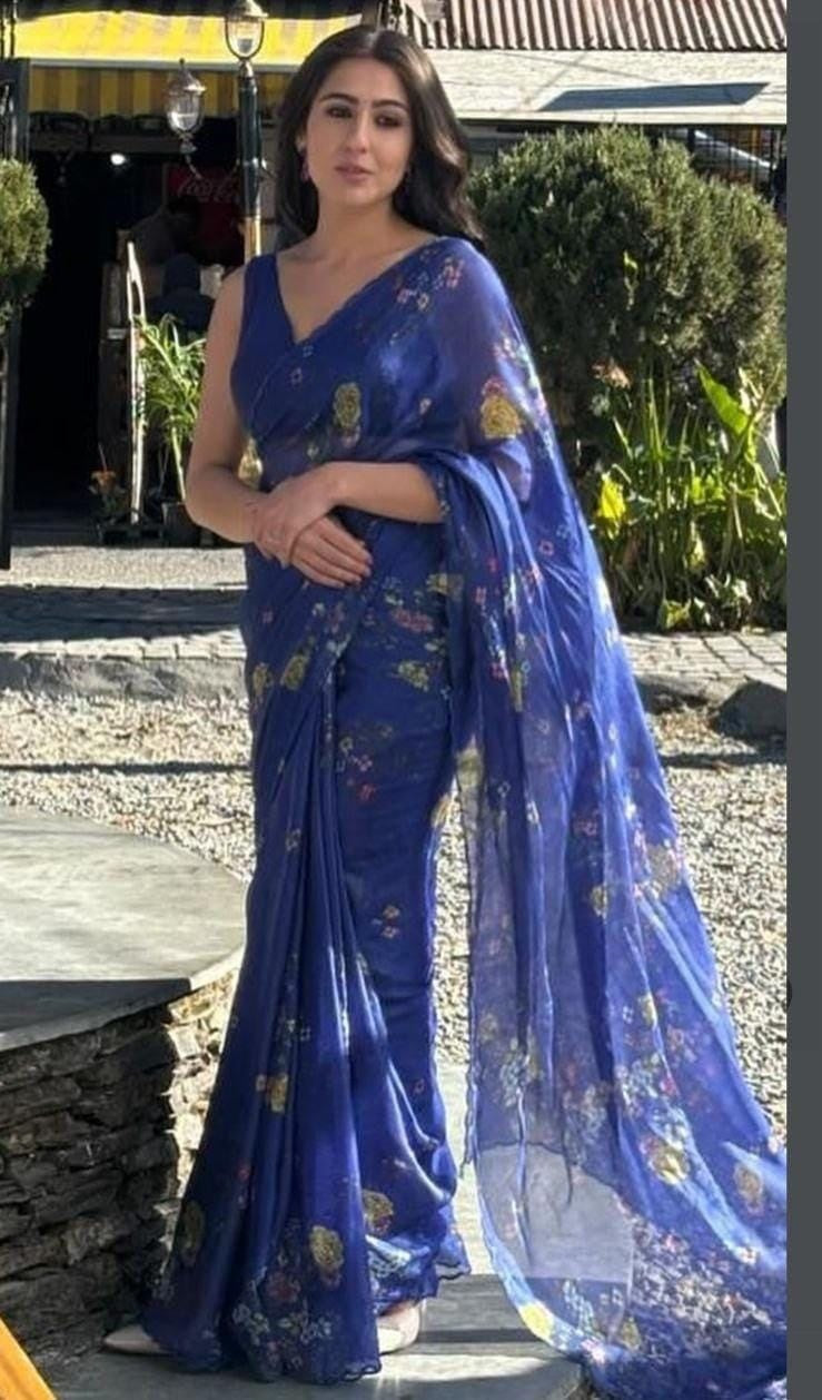 Blue Cotton Linen Printed Saree With Blouse Piece  - Magnite (SE-1108)