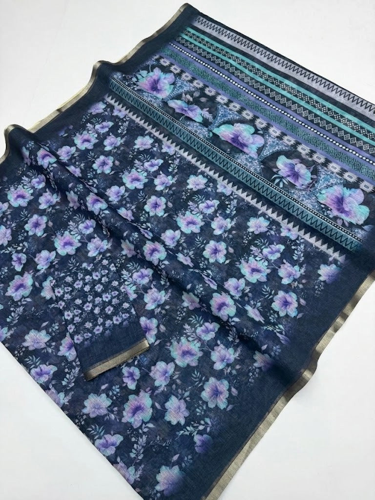 Dark Blue Cotton Linen Printed Saree With Blouse Piece  - Magnite (SE-1109)