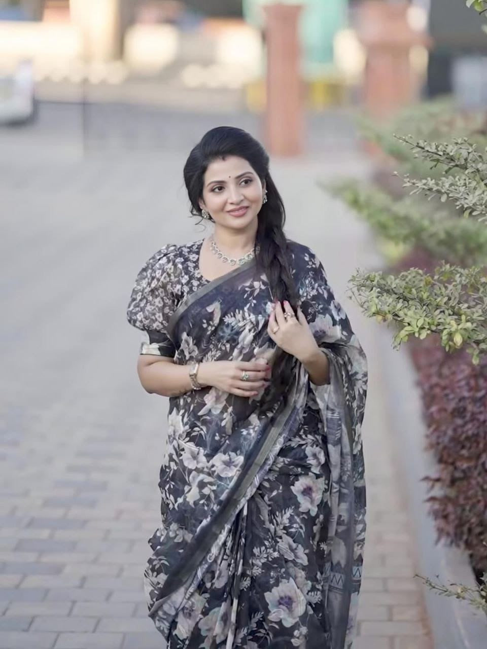 Dark Blue Cotton Linen Printed Saree With Blouse Piece  - Magnite (SE-1109)