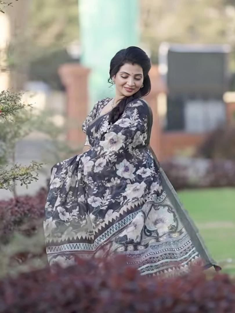 Dark Blue Cotton Linen Printed Saree With Blouse Piece  - Magnite (SE-1109)